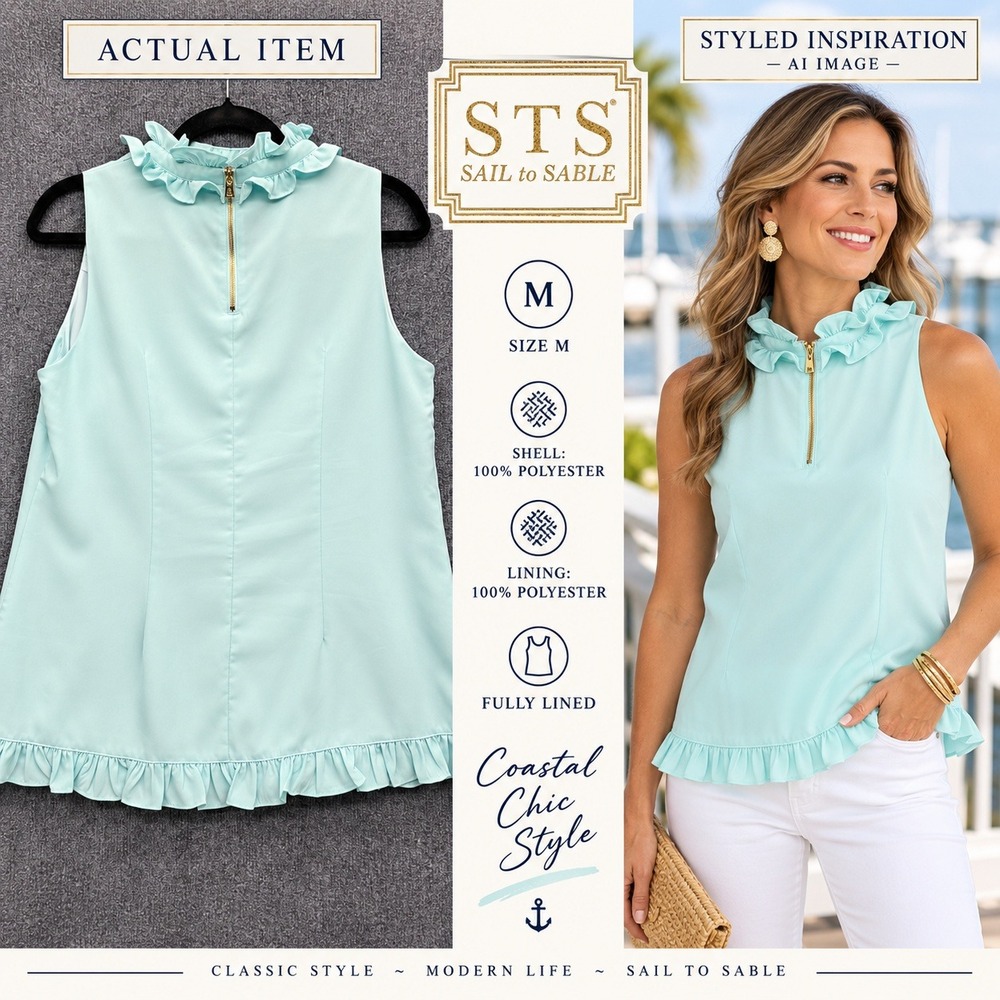 Sail to Sable Ruffle Neck Sleeveless Top Women Mint Green M EUC Coastal Chic